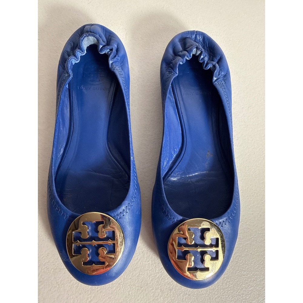 Tory Burch Reva Ballet Flats Royal Blue Leather Gold Logo Medallion Size 7.5